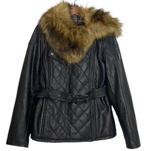 Belstaff Coat Womens Large Black Wax Cotton Fur Collar Quilted Moto Jacket
